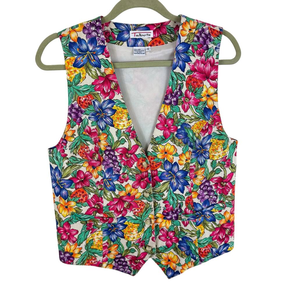 Talbots Vintage 100%‎ Linen Bright Floral Button Up V-Neck Vest Size 8